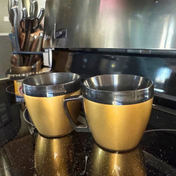 Vintage Thermo-Serv Gold & Black Insulated Coffee Mugs – Mid-Century Modern Cups - Picture 1 of 5
